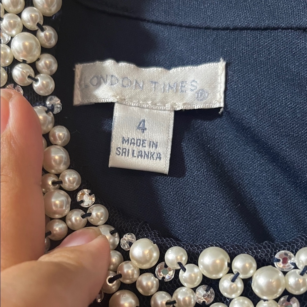 London Times Navy Midi Dress with Pearl Detail - Picture 2 of 4